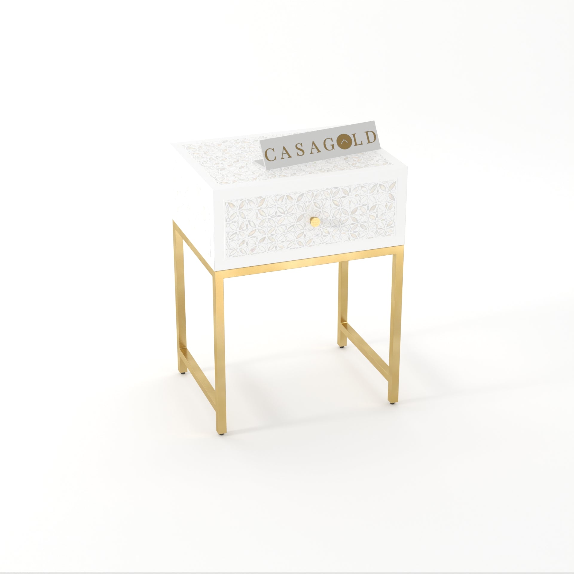 "Elegant bone inlay bedside table with luxurious gold legs for modern interiors"
