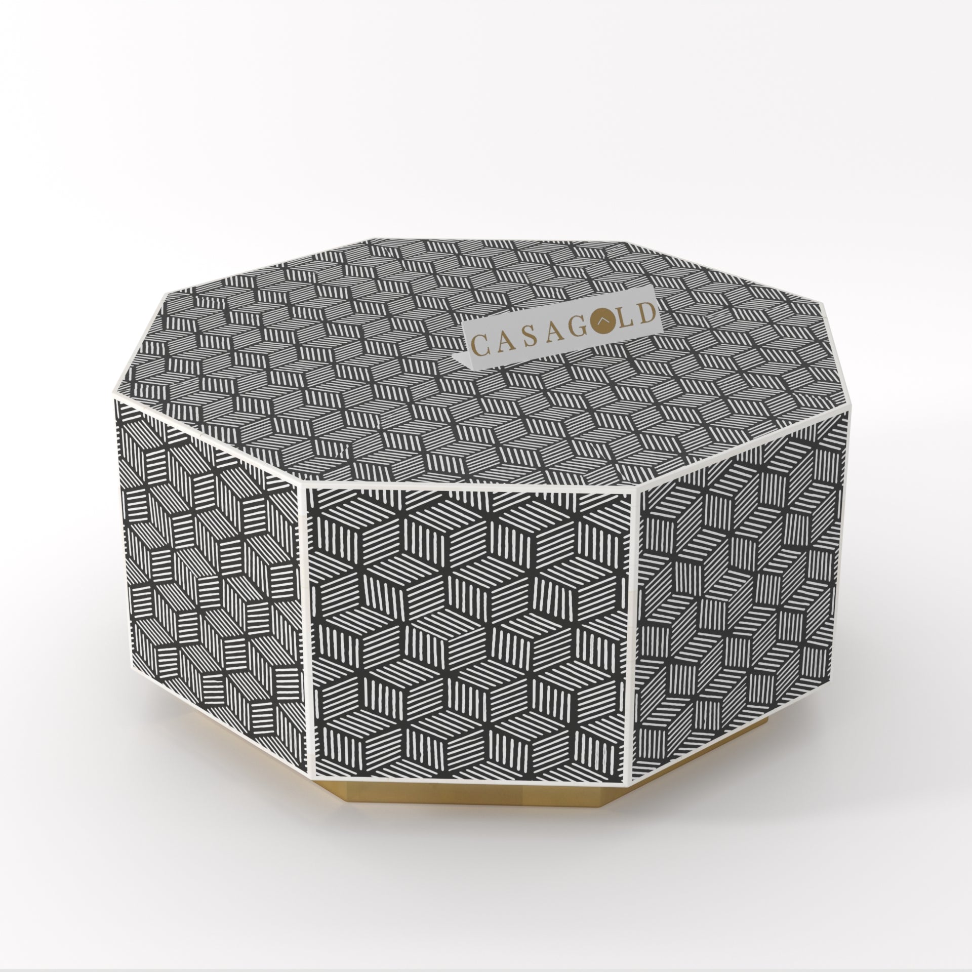 "Elegant hexagon coffee table with intricate bone inlay patterns"
