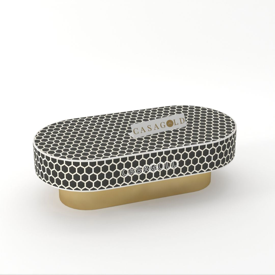 "Elegant oblong coffee table featuring bone inlay work"
