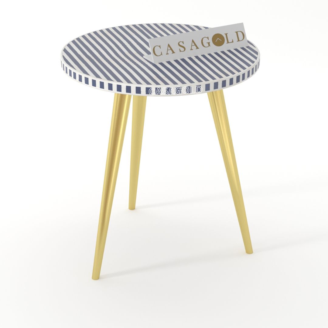 "Ethnic-style round bone inlay side table with three handcrafted legs"
