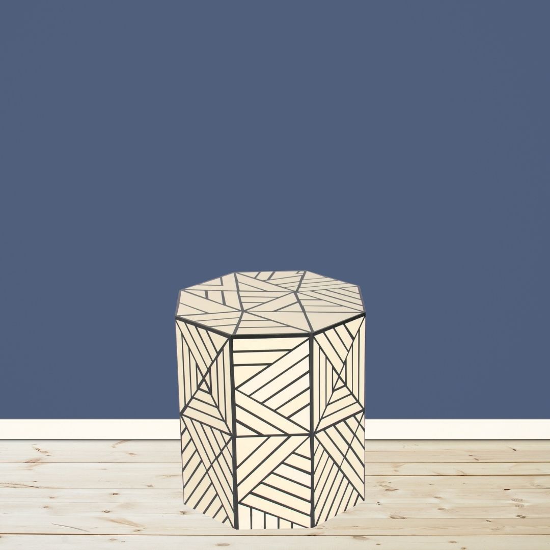 "Exclusive hexagonal Side table with handcrafted bone inlay design"
