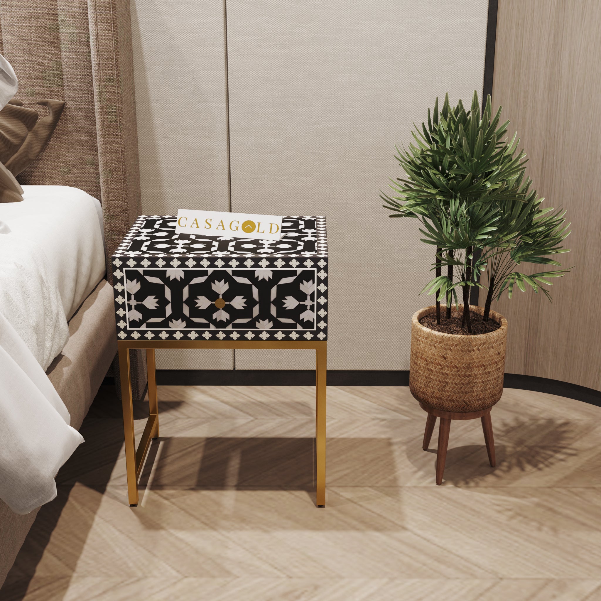 Floral Bone Inlay Bedside Table with Gold Rectangular Base	
