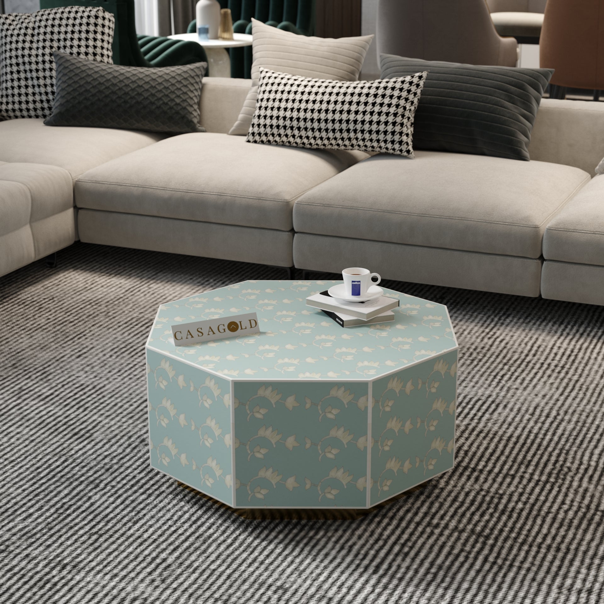 Floral Design Bone Inlay Hexagon Coffee Table	