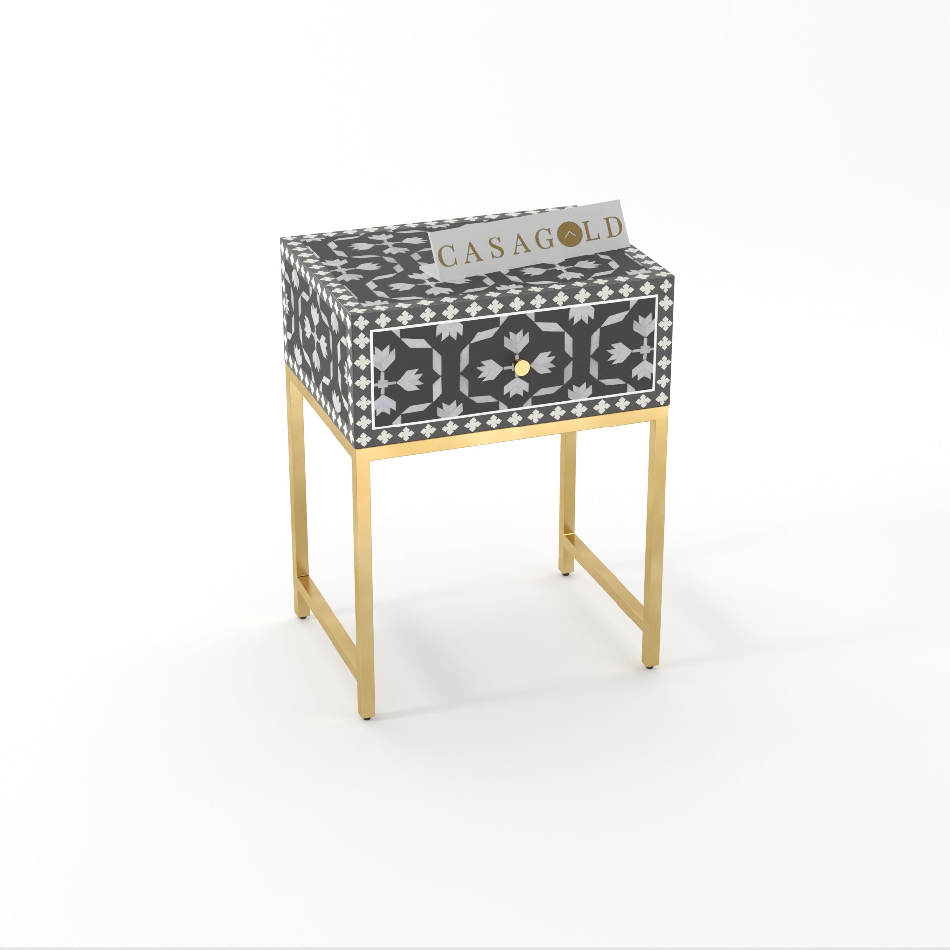 "Floral bone inlay bedside table featuring a gold rectangular base for stability"
