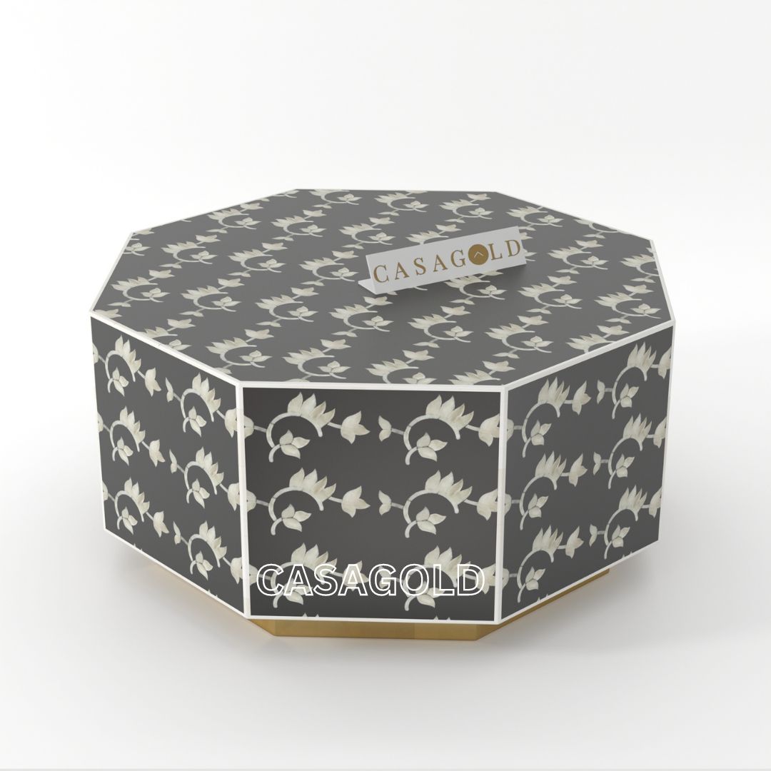 "Floral bone inlay hexagon coffee table for elegant decor"
