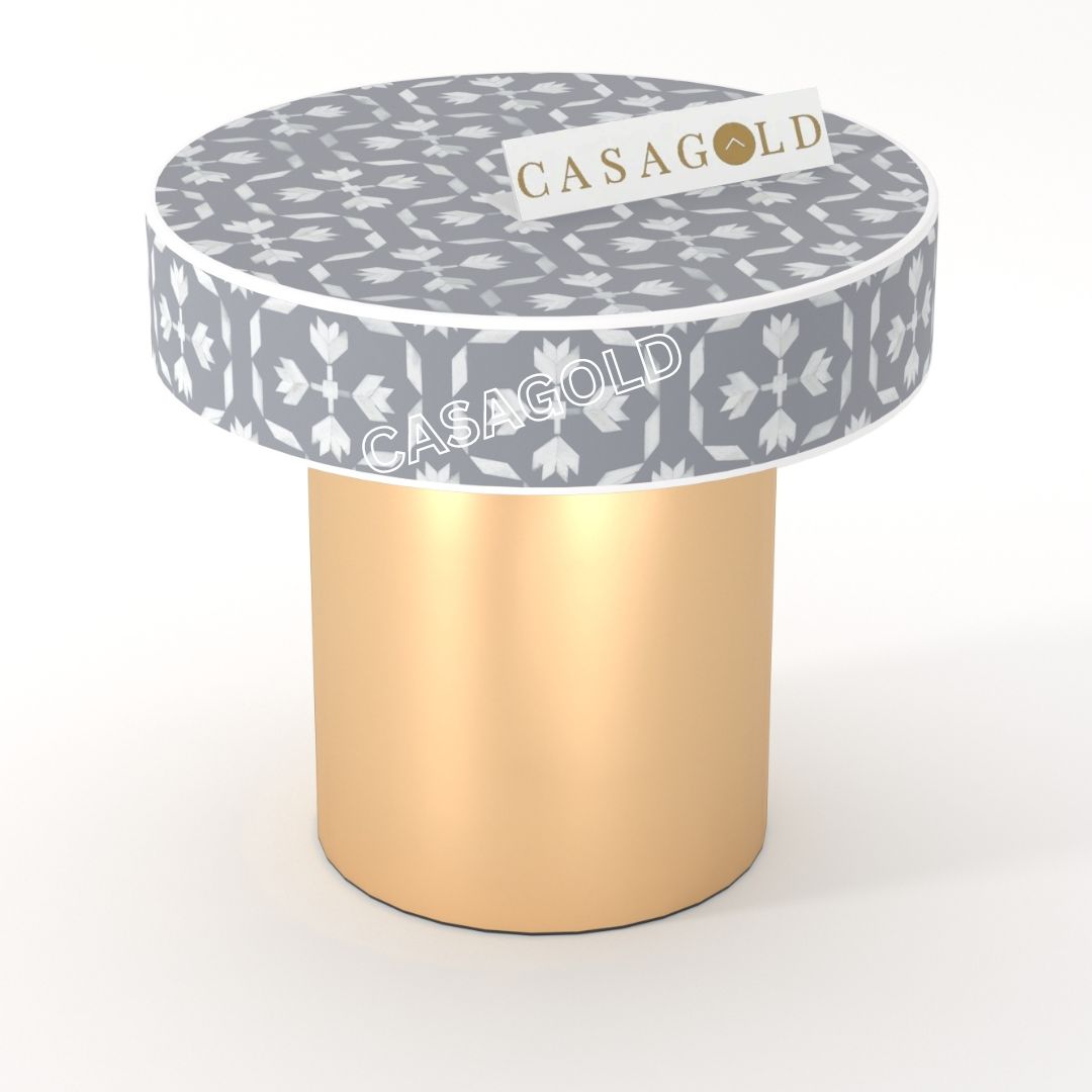 "Floral pattern round bone inlay bedside table with a circular top and modern aesthetics"