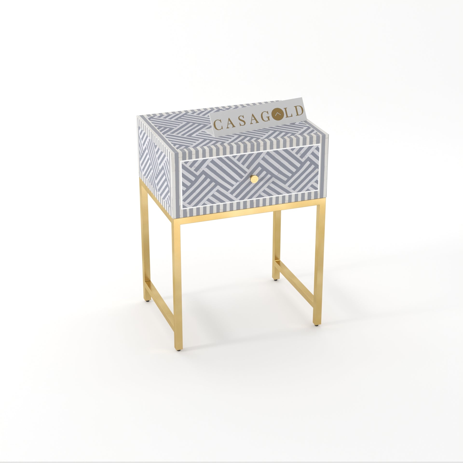 Frosted Finish  Bone Inlay Bedside Table with Gold Legs	