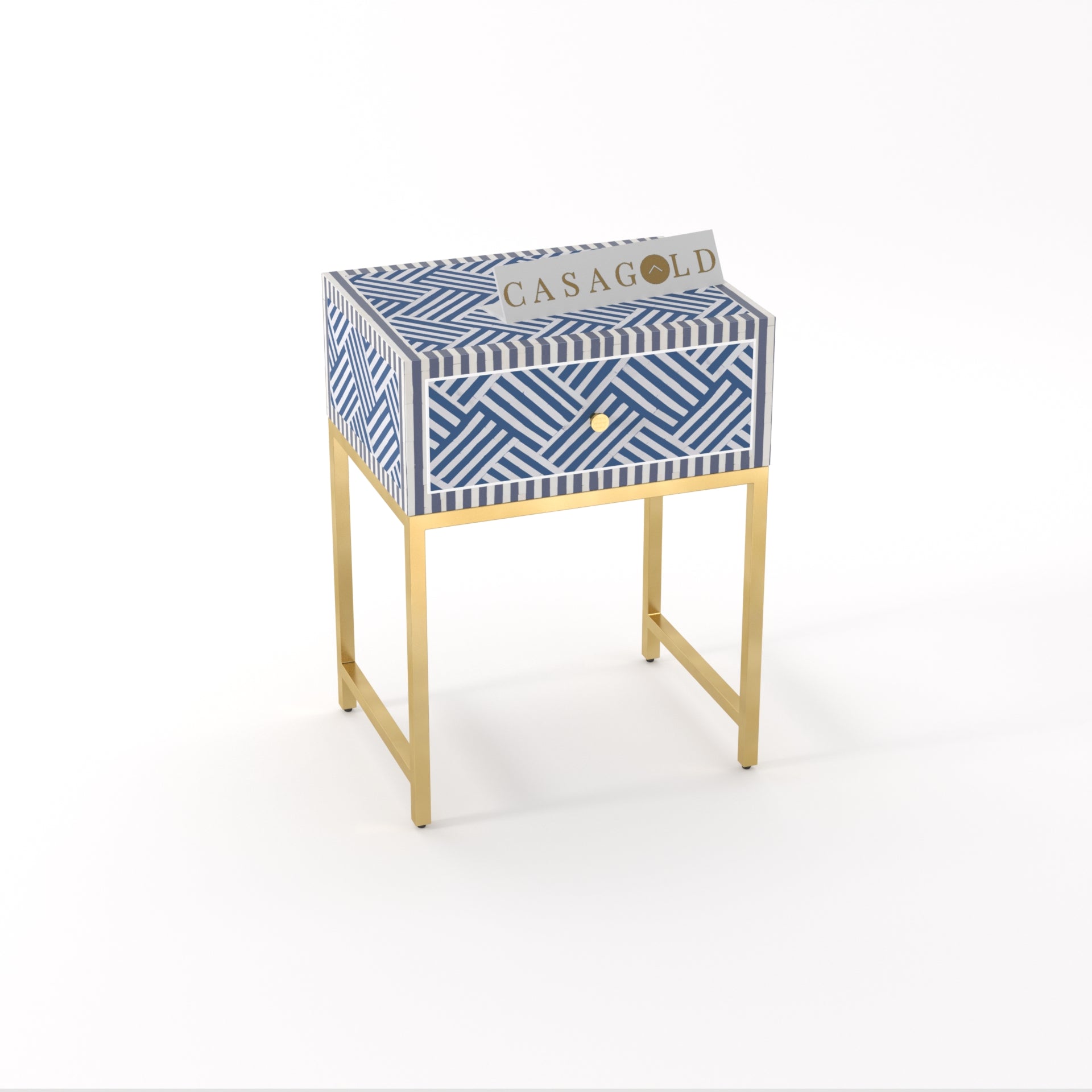 "Frosted finish bone inlay bedside table featuring durable gold legs"
