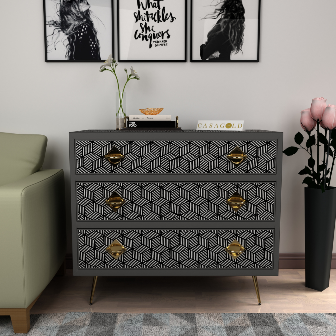 Geo Black Bone Inlay Chest of Drawers	storage cabinet with drawers dvd rack buffet table with storage