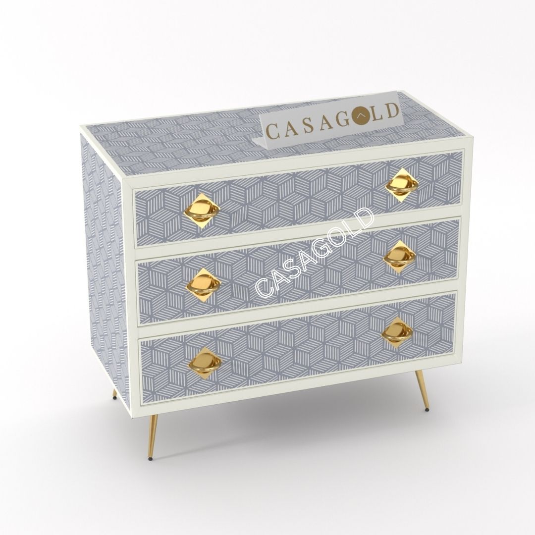 Geo-patterned bone inlay chest for modern storage solutions
