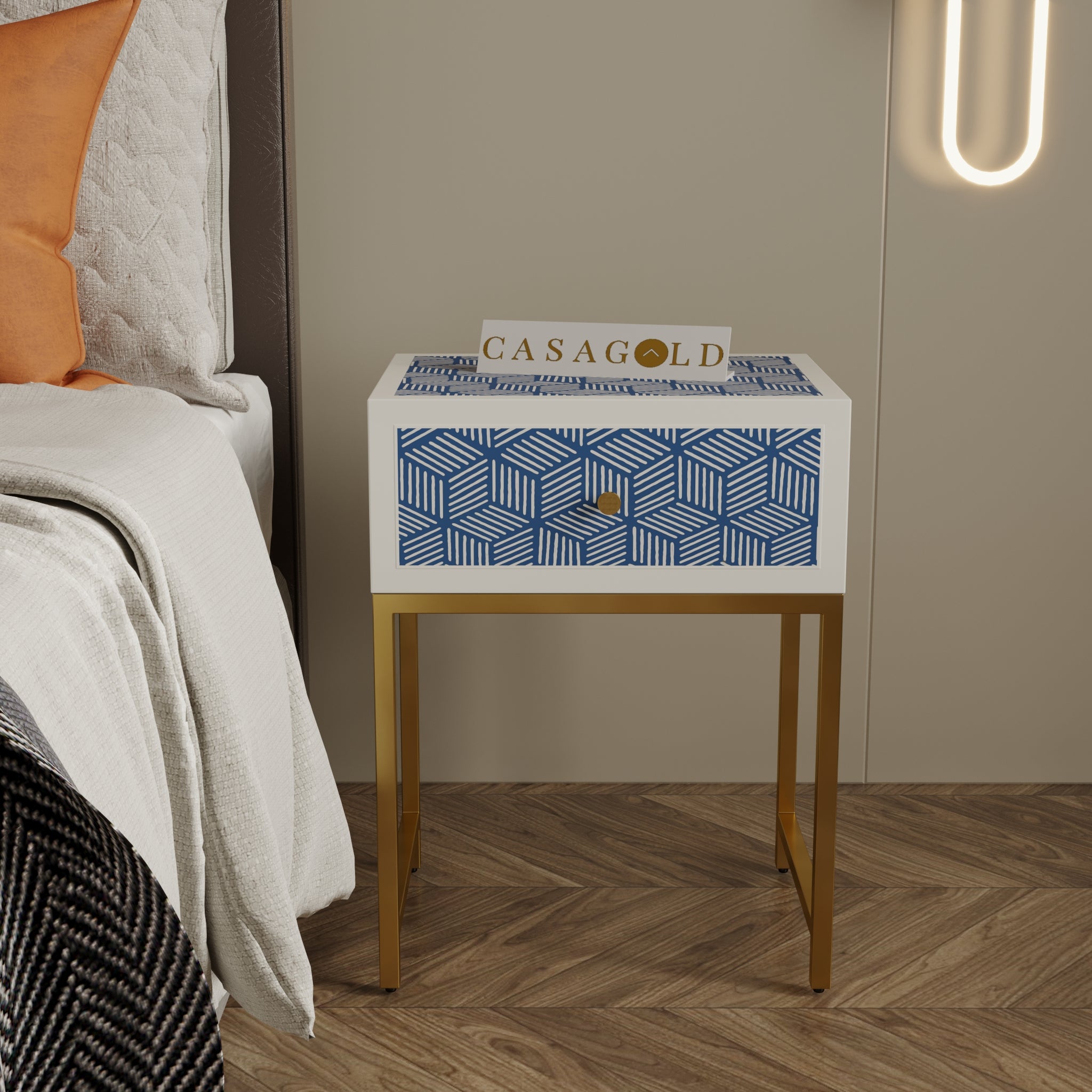 "Decorative bone inlay bedside table featuring a golden base for stability"
