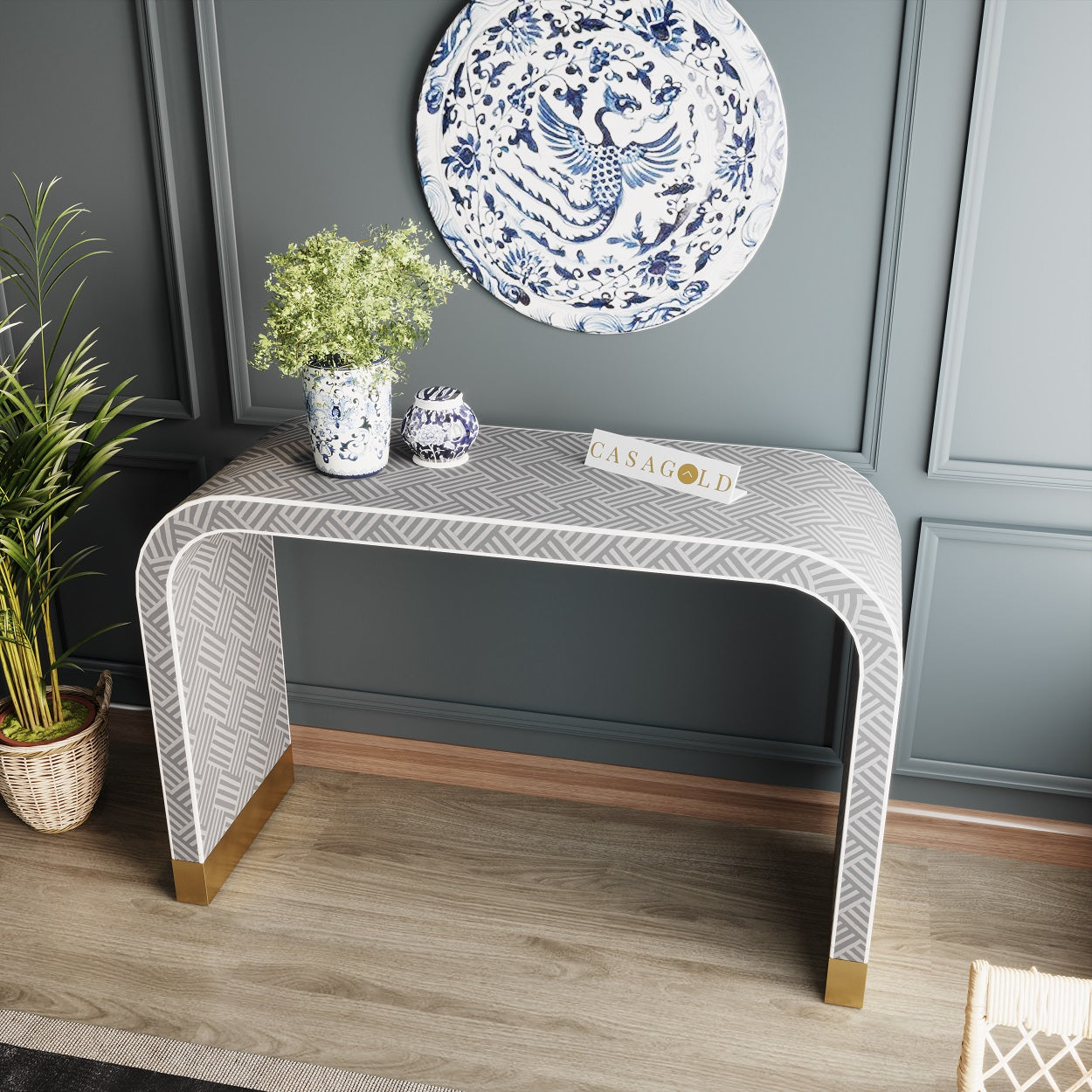 Geometric Black Bone Inlay Console Desk	