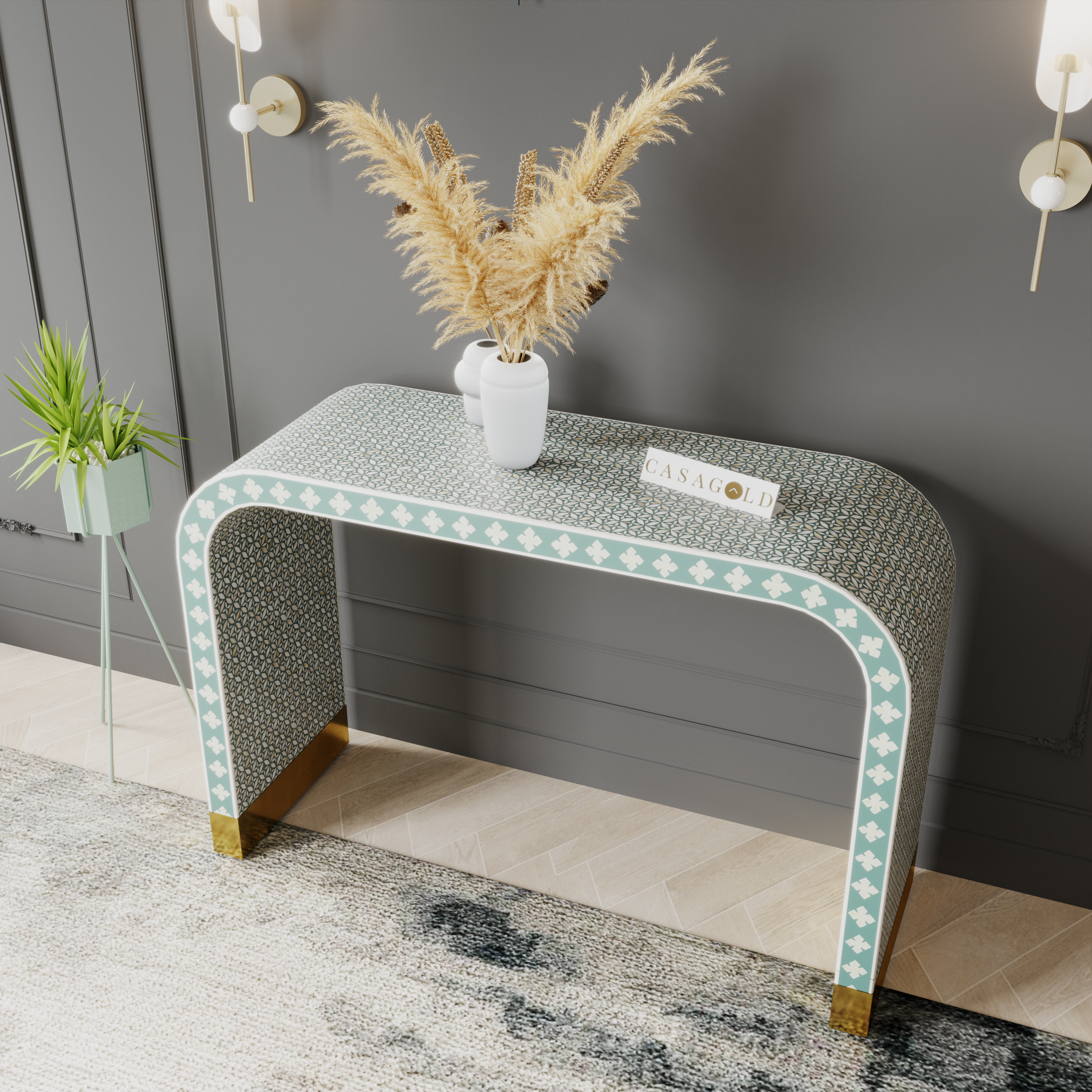 Geometric seagreen Bone Inlay Console Table
