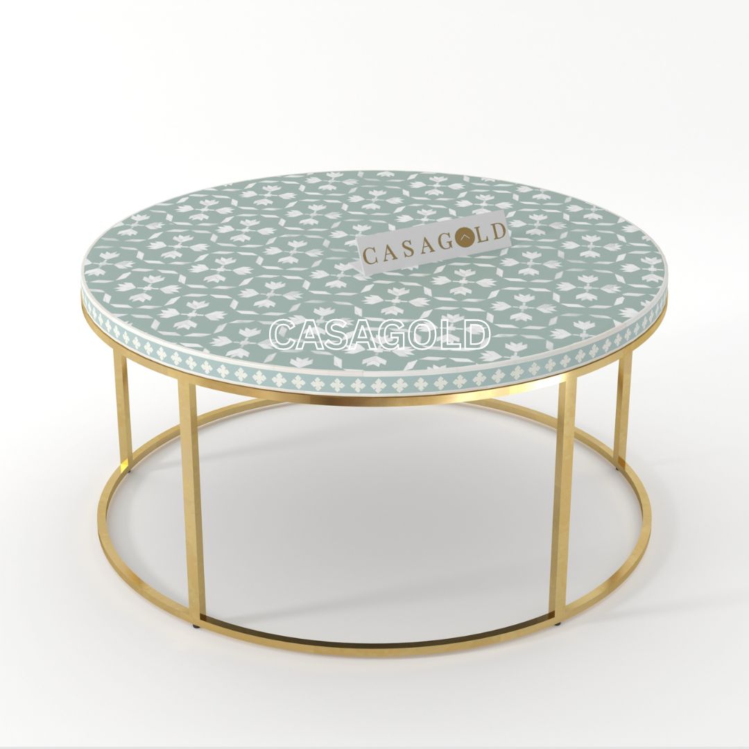 Gold-accented bone inlay round coffee table
