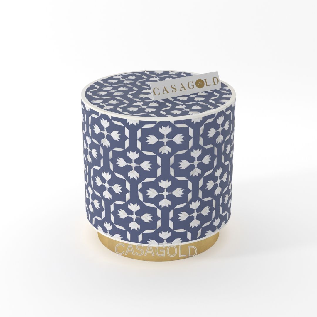 Gold Finish  Base Drum Inlay Side Table	