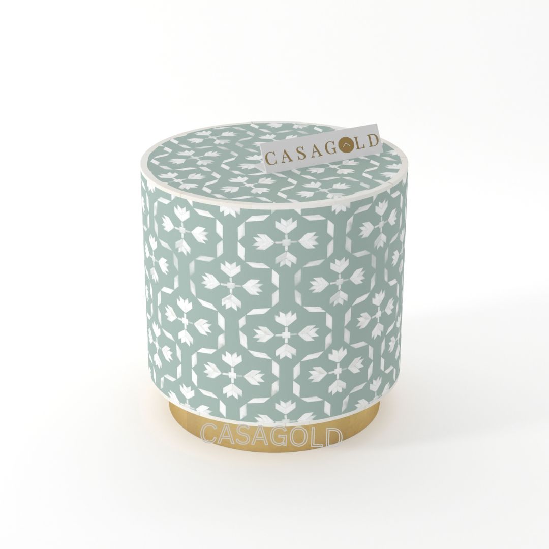 "Gold finish drum inlay side table with luxurious patterns"

