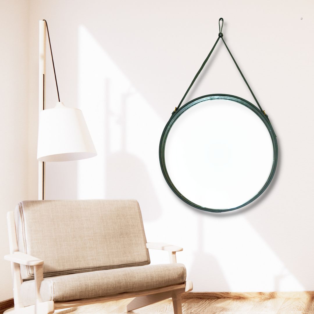 "Handcrafted leather accent mirror for a unique and personalized touch."
