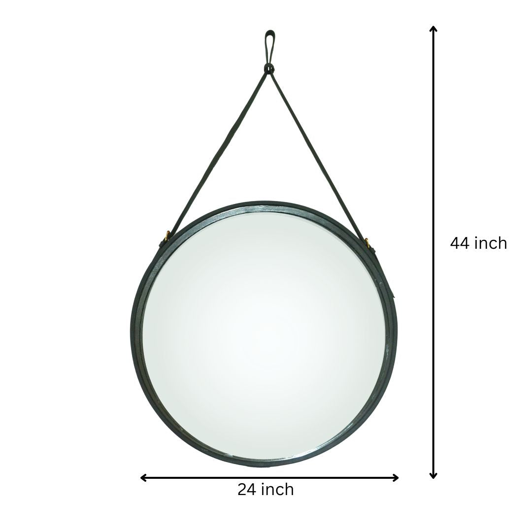 "Minimalist round mirror with a smooth leather edge, ideal for any room decor."
