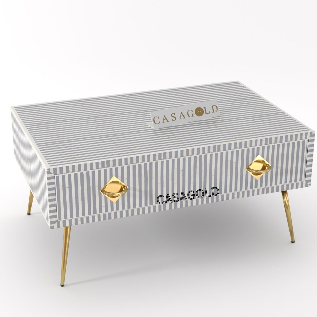 "Designer rectangular coffee table with unique bone inlay features"
