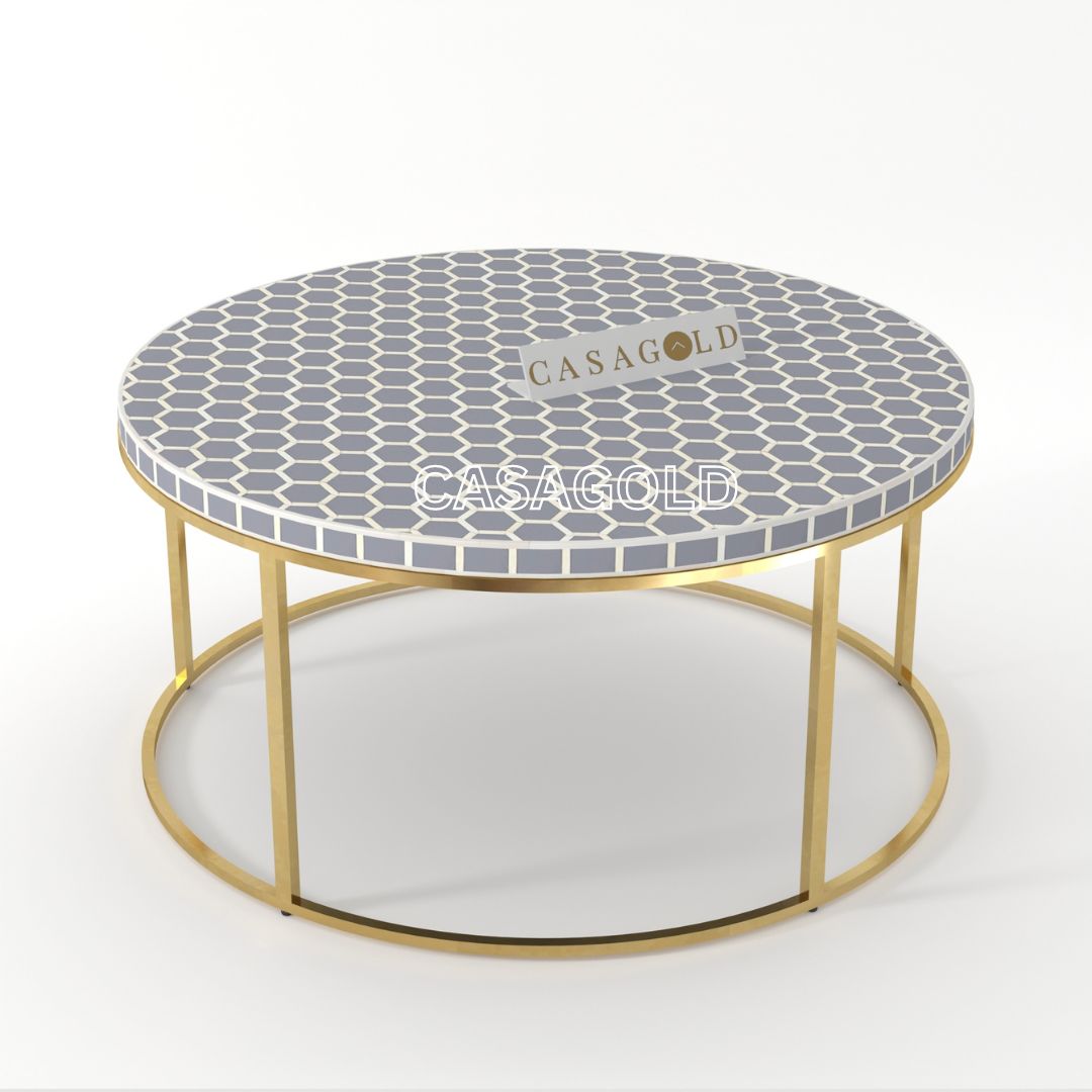 Grey Honeycomb Bone Inlay Round Coffee Table	