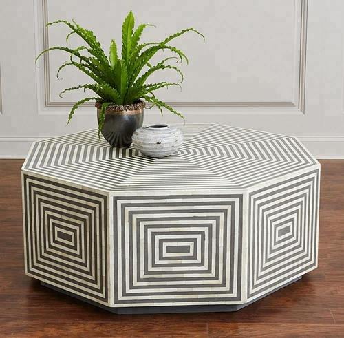 Grey and White Bone Inlay Hexagon Coffee Table	