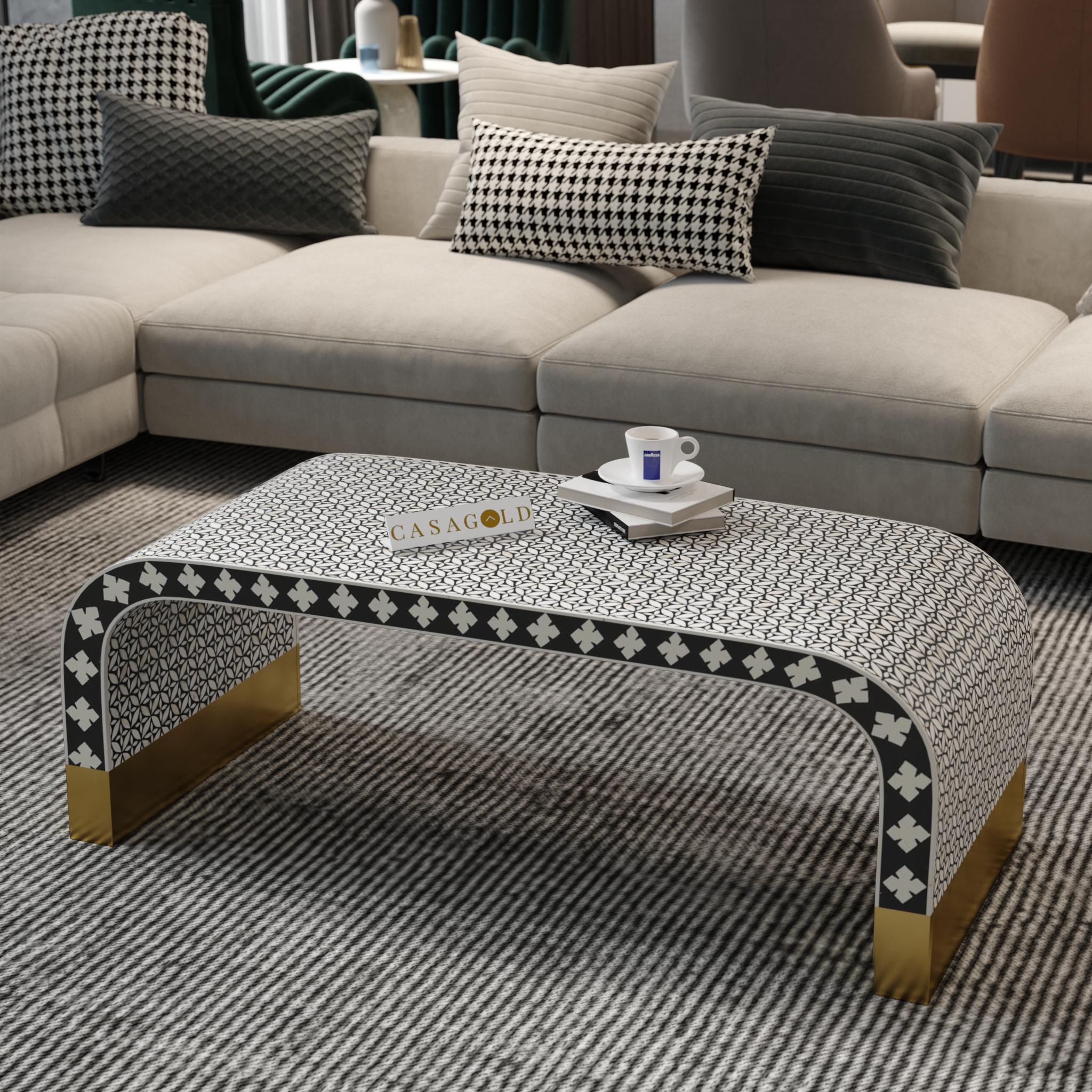 Handcrafted Black Bone Inlay Rectangular Coffee Table	