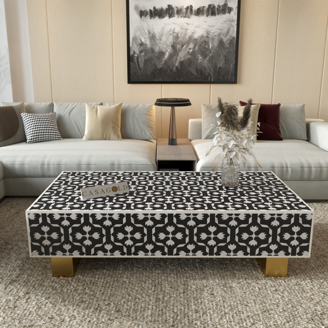Handcrafted Bone Inlay Coffee Table with Rectangular Shape	