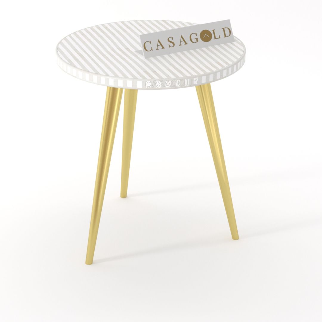Handcrafted Bone Inlay Round Side Table with 3 Legs	
