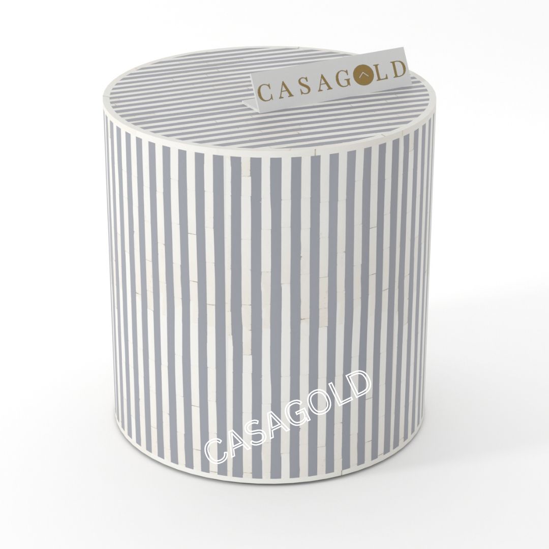 "Handcrafted Grey bone inlay drum-shaped side table for modern spaces"