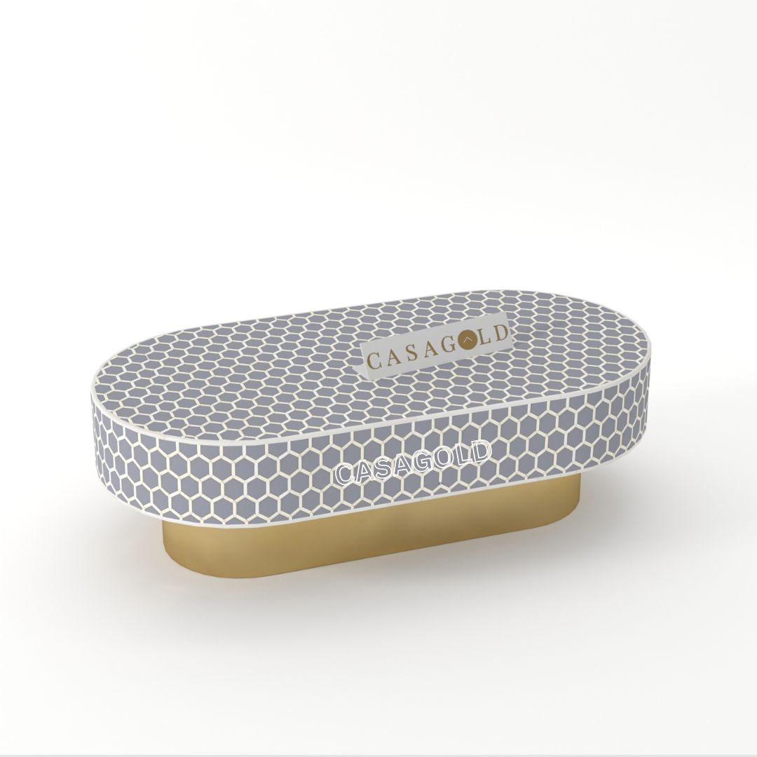 "Handcrafted bone inlay oblong table with floral patterns"
