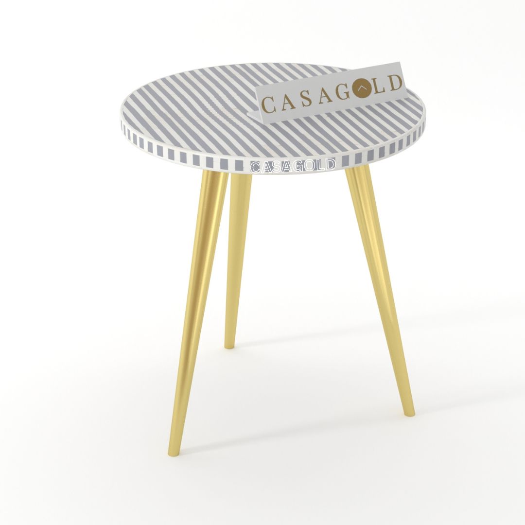"Handcrafted bone inlay round side table supported by 3 stylish legs"
