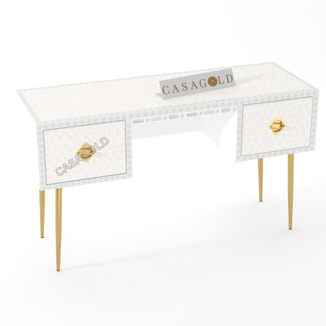 "Handcrafted chevron bone inlay desk with built-in drawers for organized storage"
