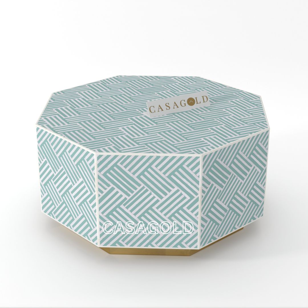"Handcrafted hexagon coffee table with artistic bone inlay"
