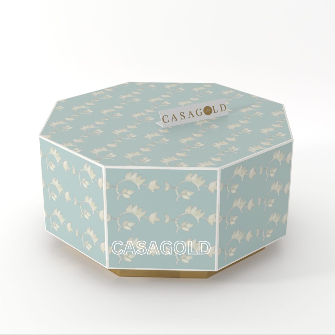 "Handcrafted hexagon table with bone inlay for living spaces"

