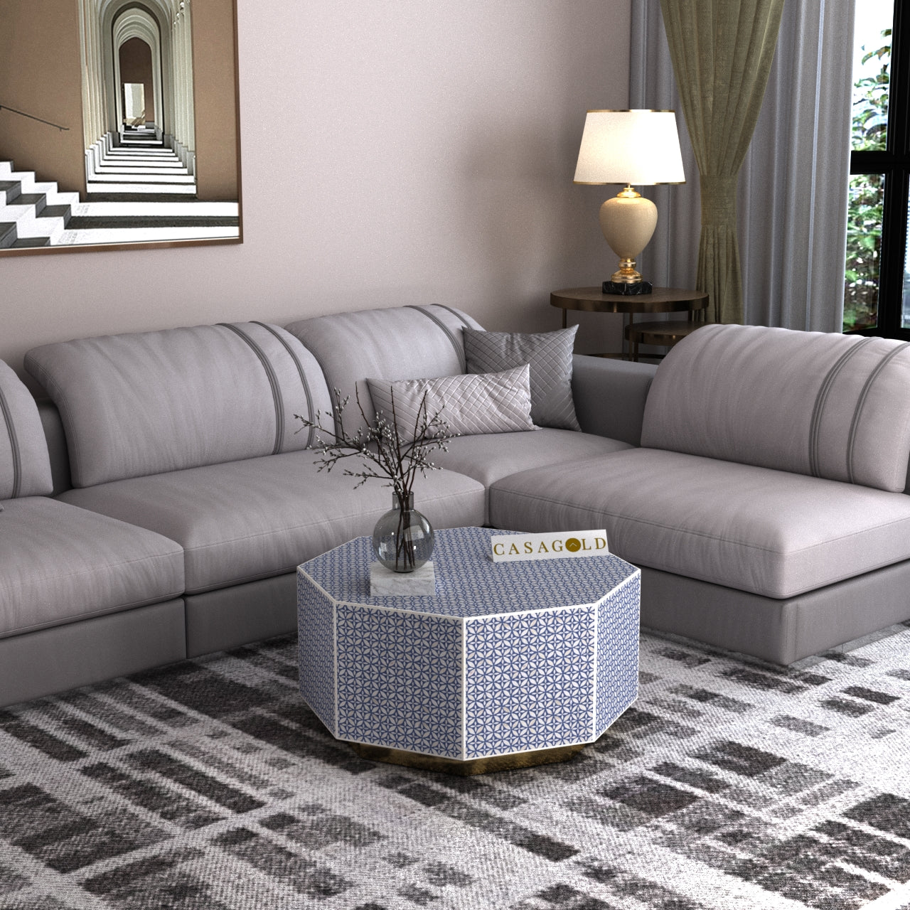 "Hexagon coffee table handcrafted with unique bone inlay designs"
