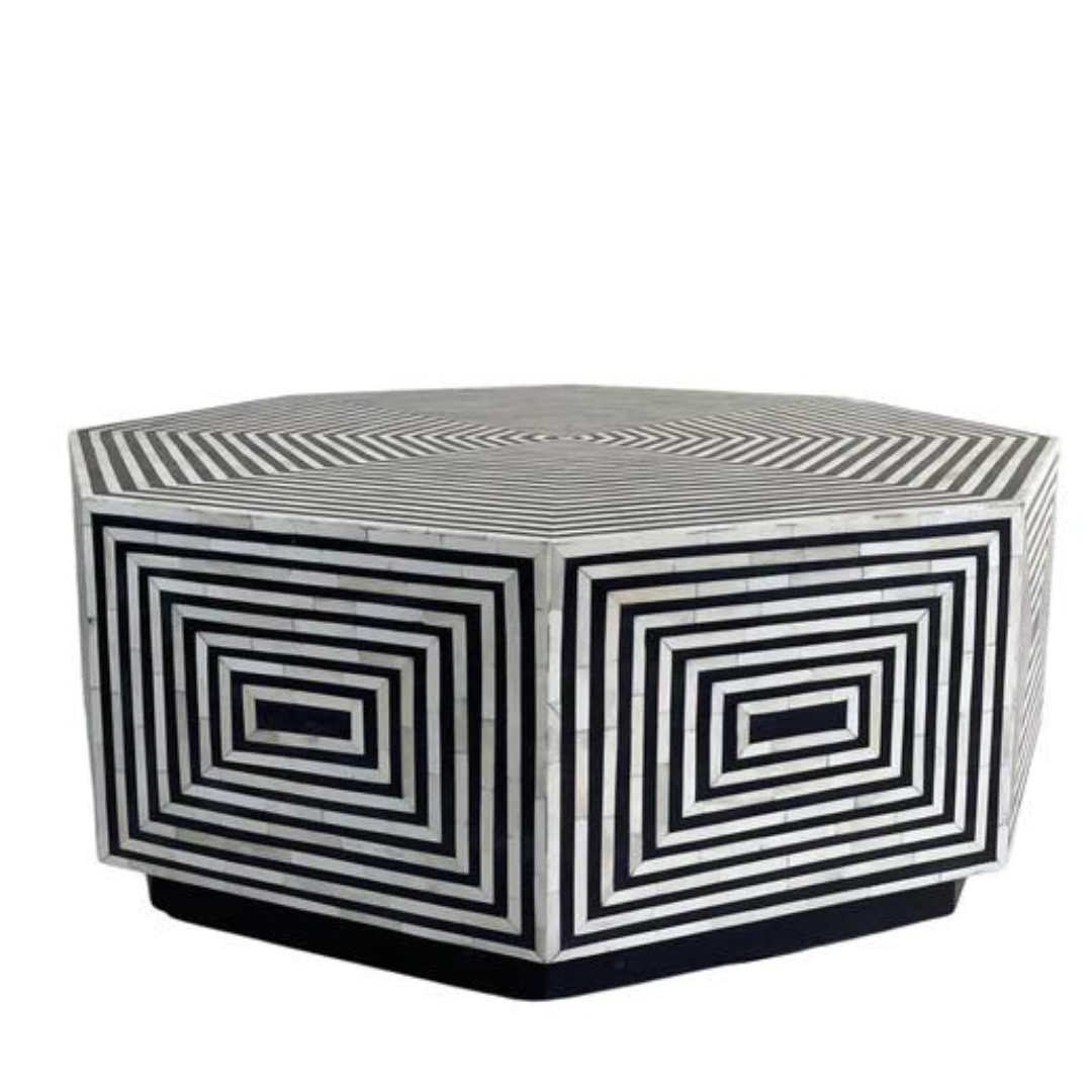 "Hexagon coffee table with bold Harmony bone inlay patterns"
