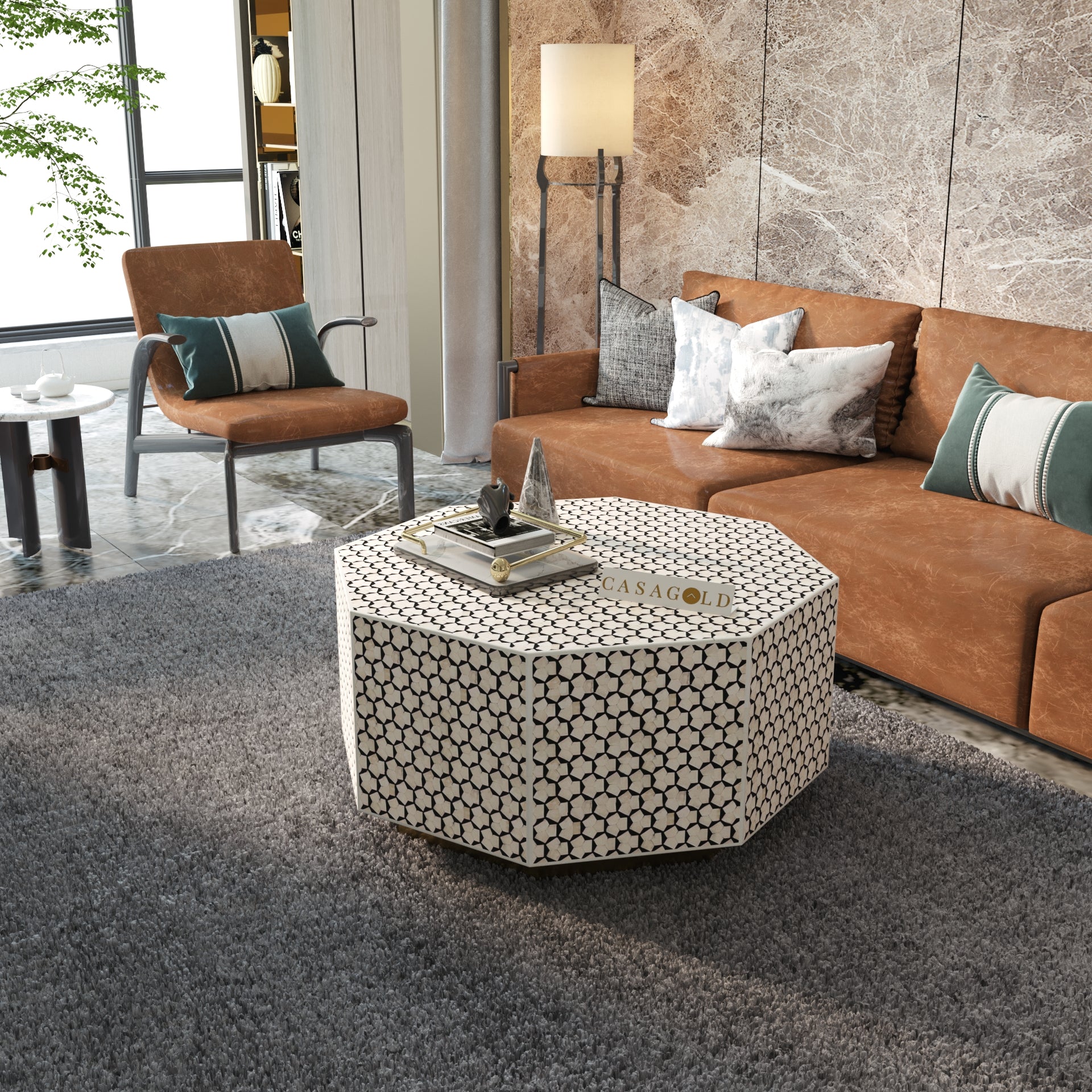 Hexagonal Bone Inlay Coffee Table for Luxe Interiors	