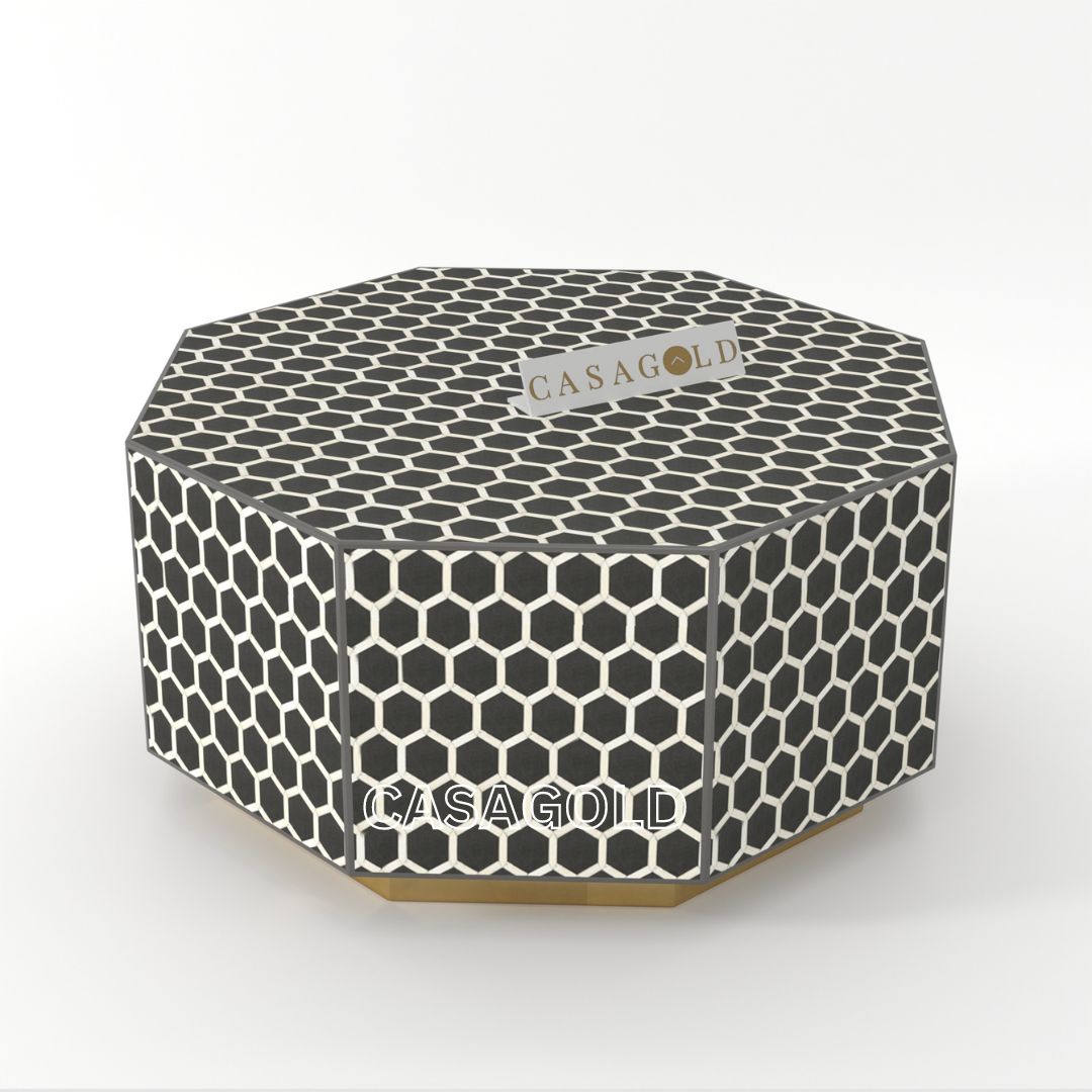 "Hexagonal coffee table with abstract bone inlay artwork"
