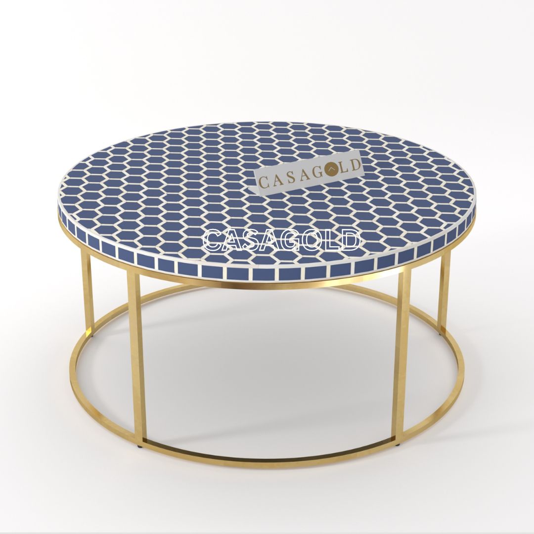 Indigo Honeycomb Bone Inlay Round Coffee Table	