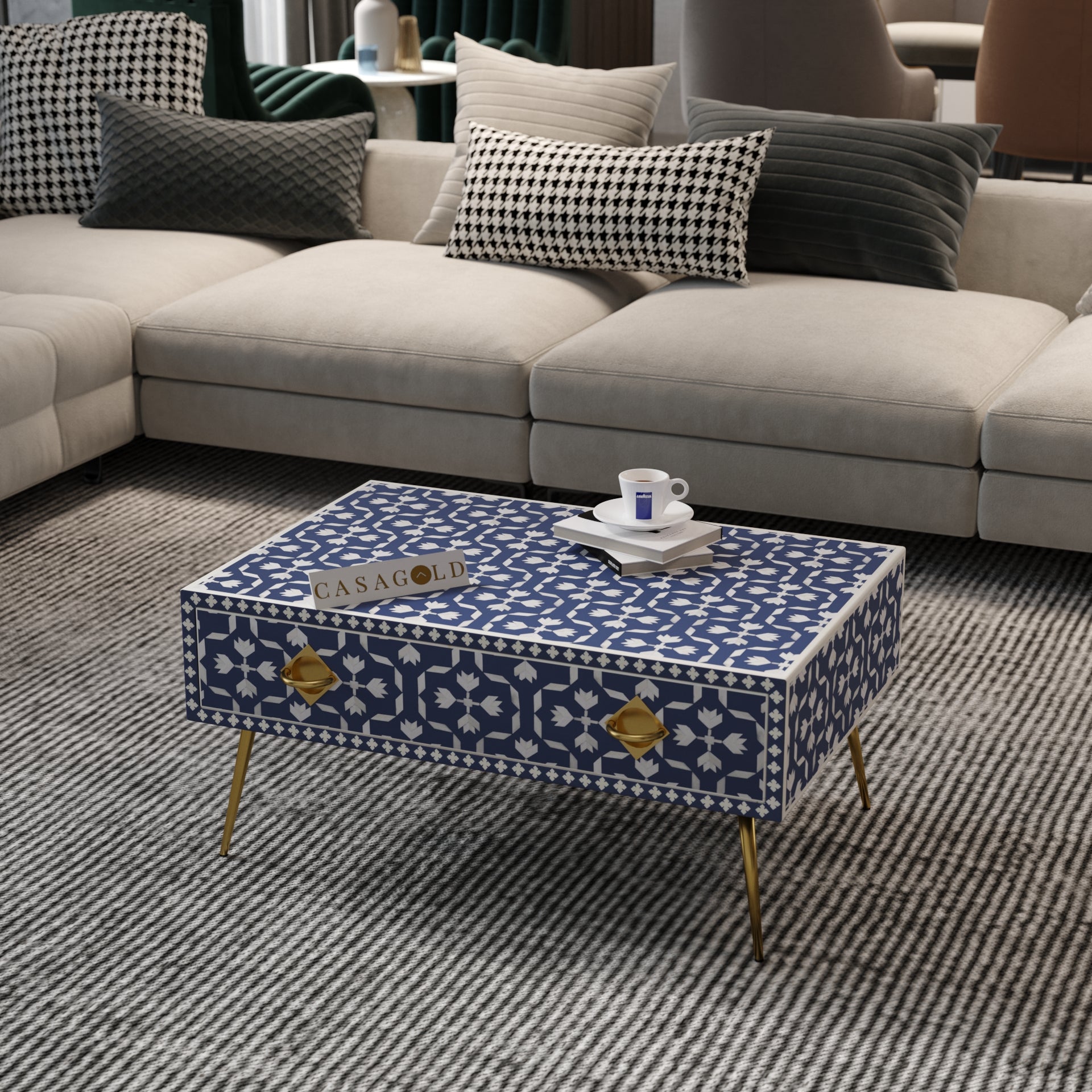 Bone Inlay Rectangular Table with Floral Design	