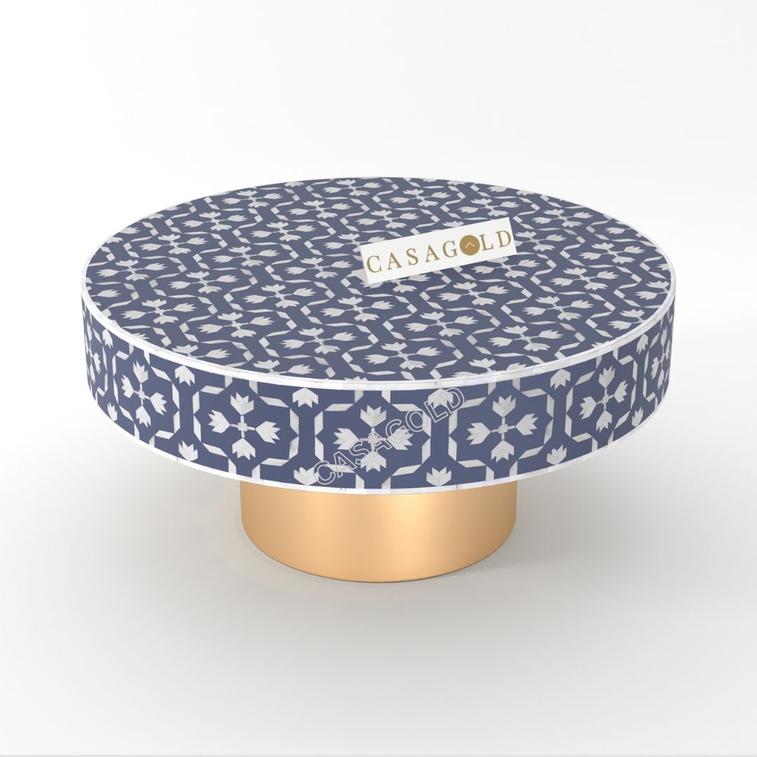 Indigo and white bone inlay coffee table round

