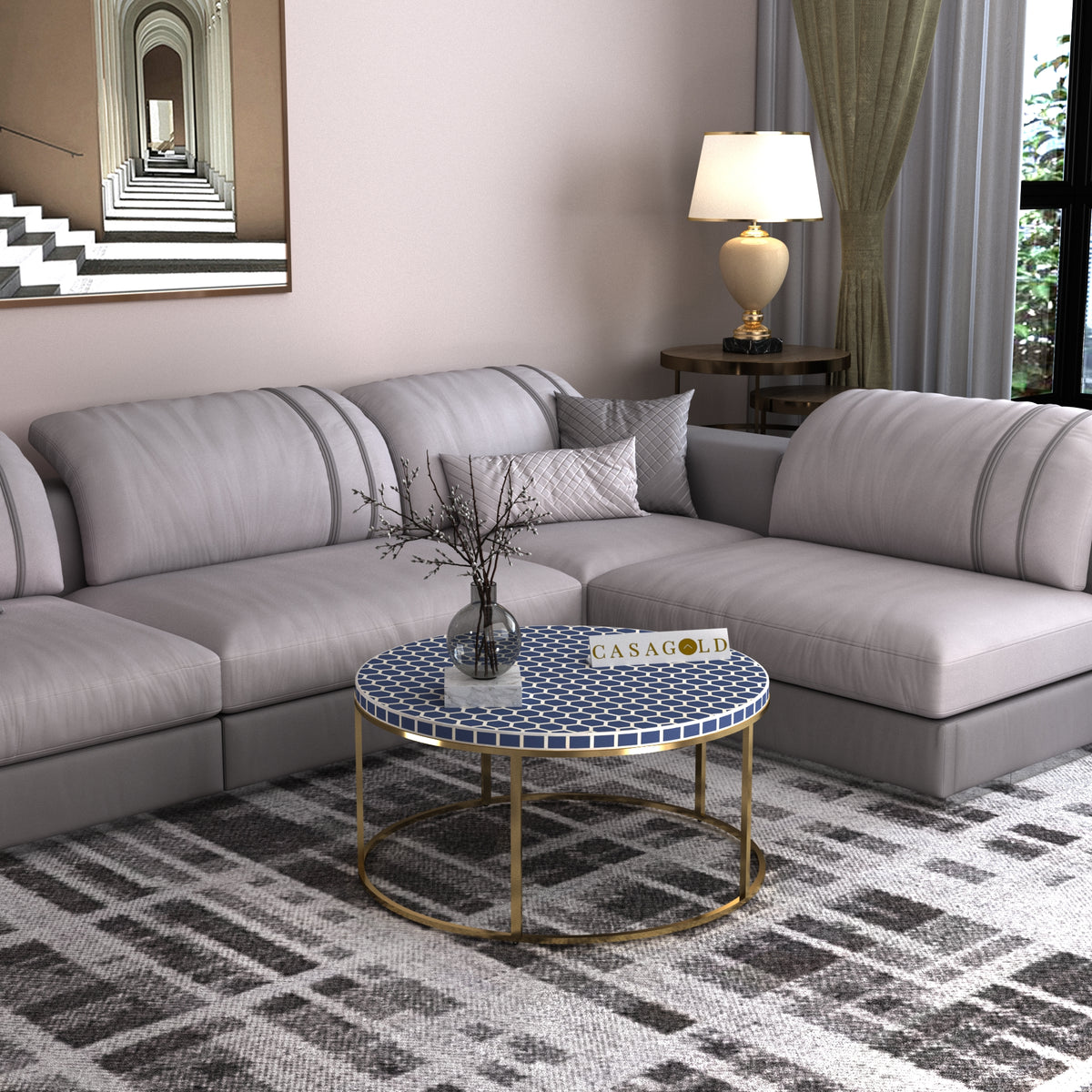 Inlay Georgia Round Coffee Table with Metal Stand - HoneyComb