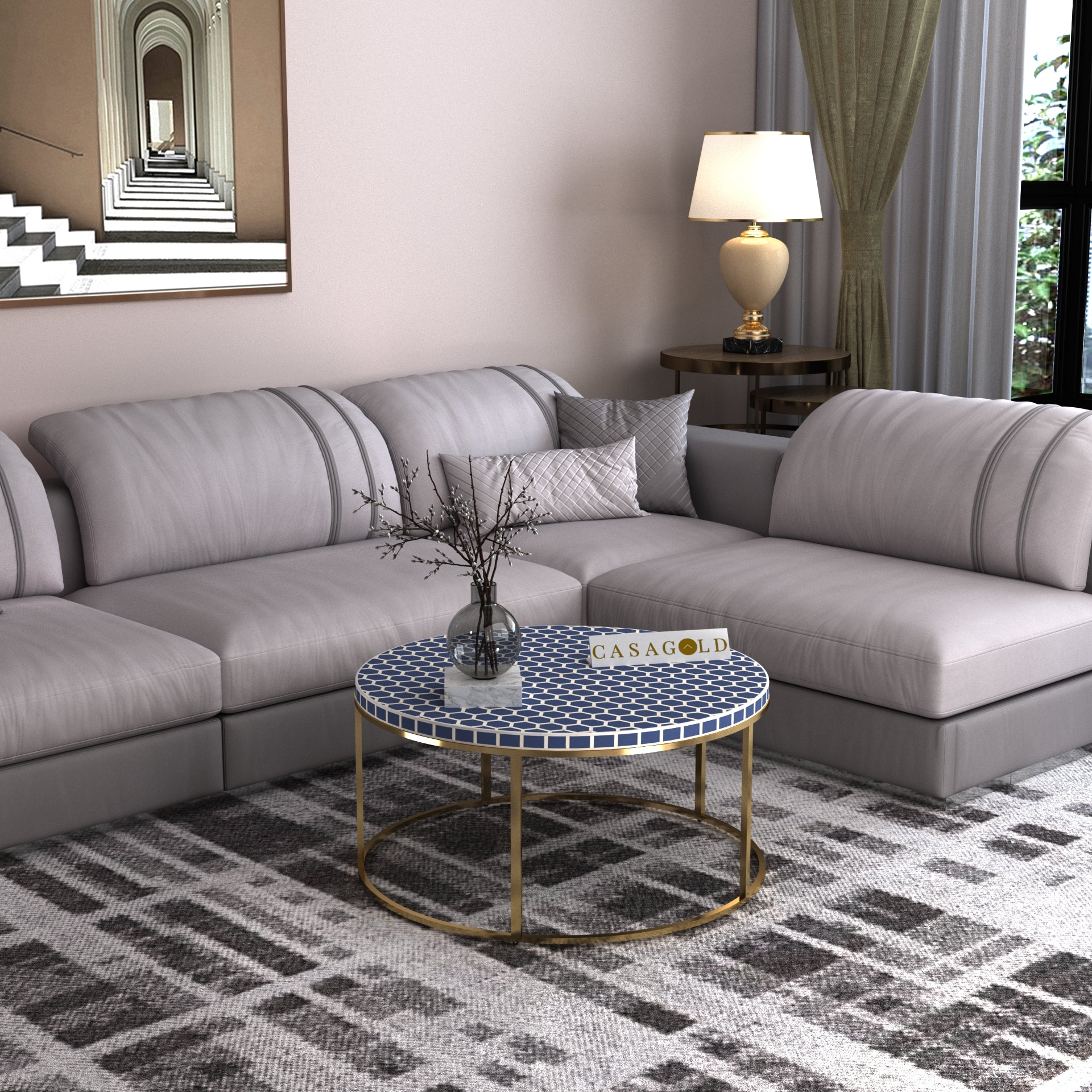 Indigo Bone Inlay Round Coffee Table	