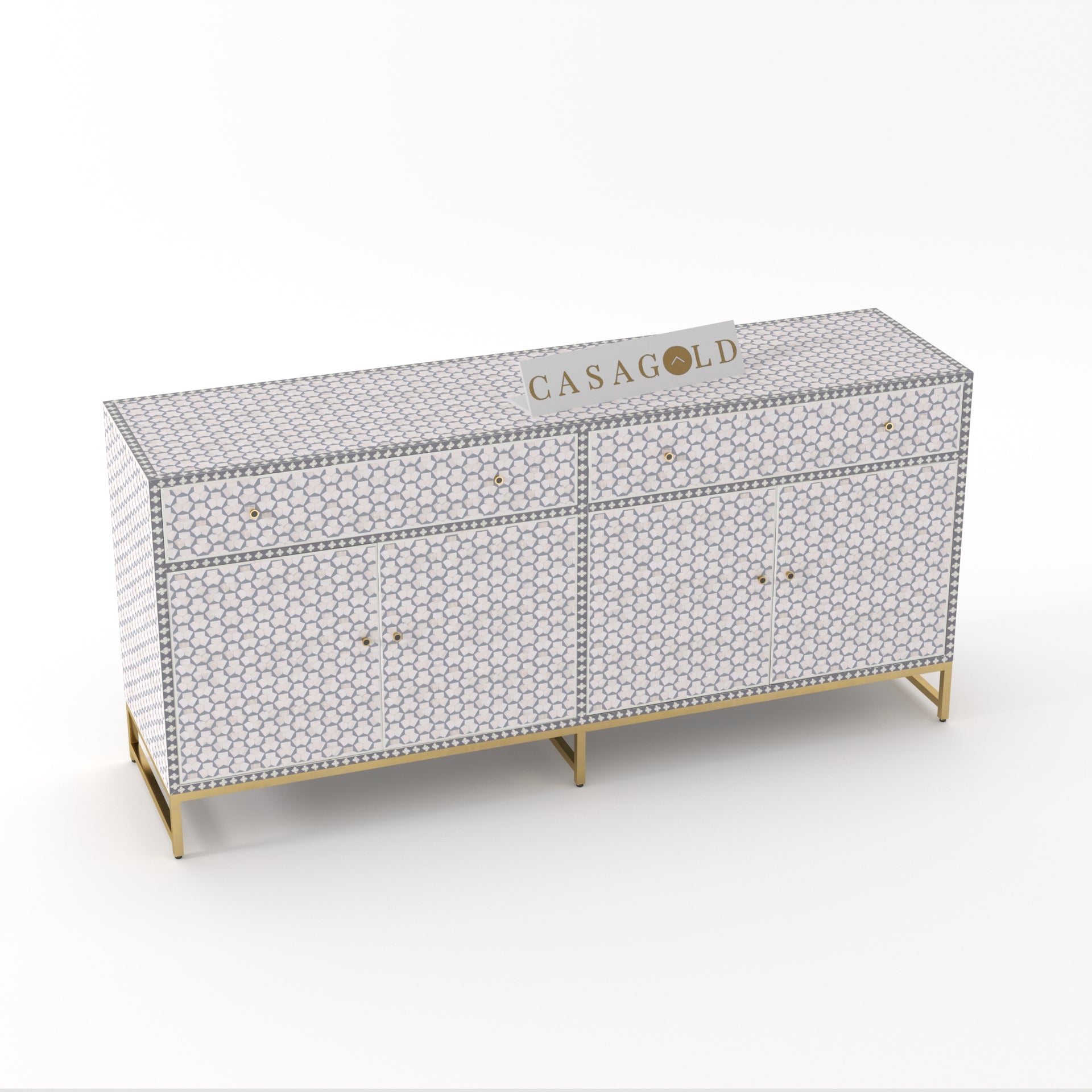 Indigo blue Targua -pattern inlay sideboard with ample storage.

