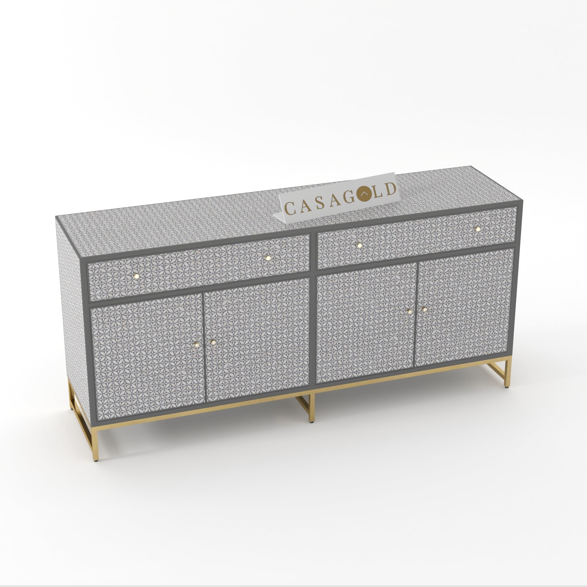 Luxe Brass Stand and Bone Inlay Sideboard	