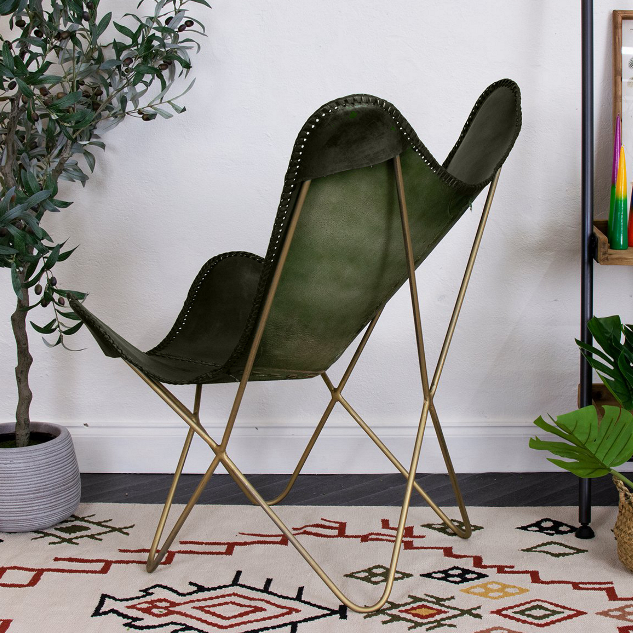 Designer lounge chair with rich saddle leather upholstery

