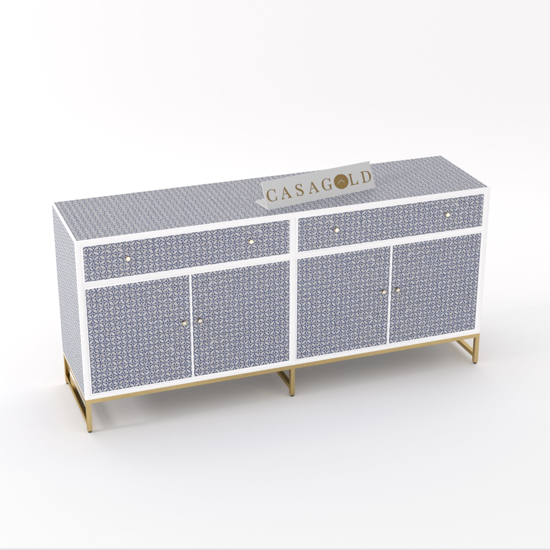 Luxe brass Inlay  and bone inlay sideboard for upscale interiors.