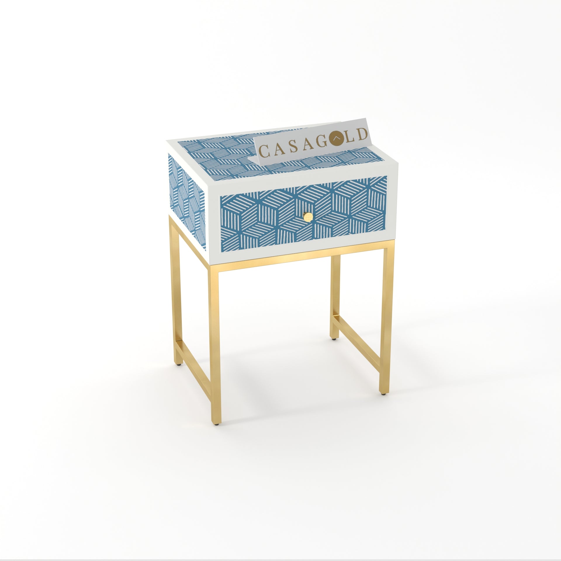 "Luxurious bone inlay bedside table supported by a sturdy golden frame"
