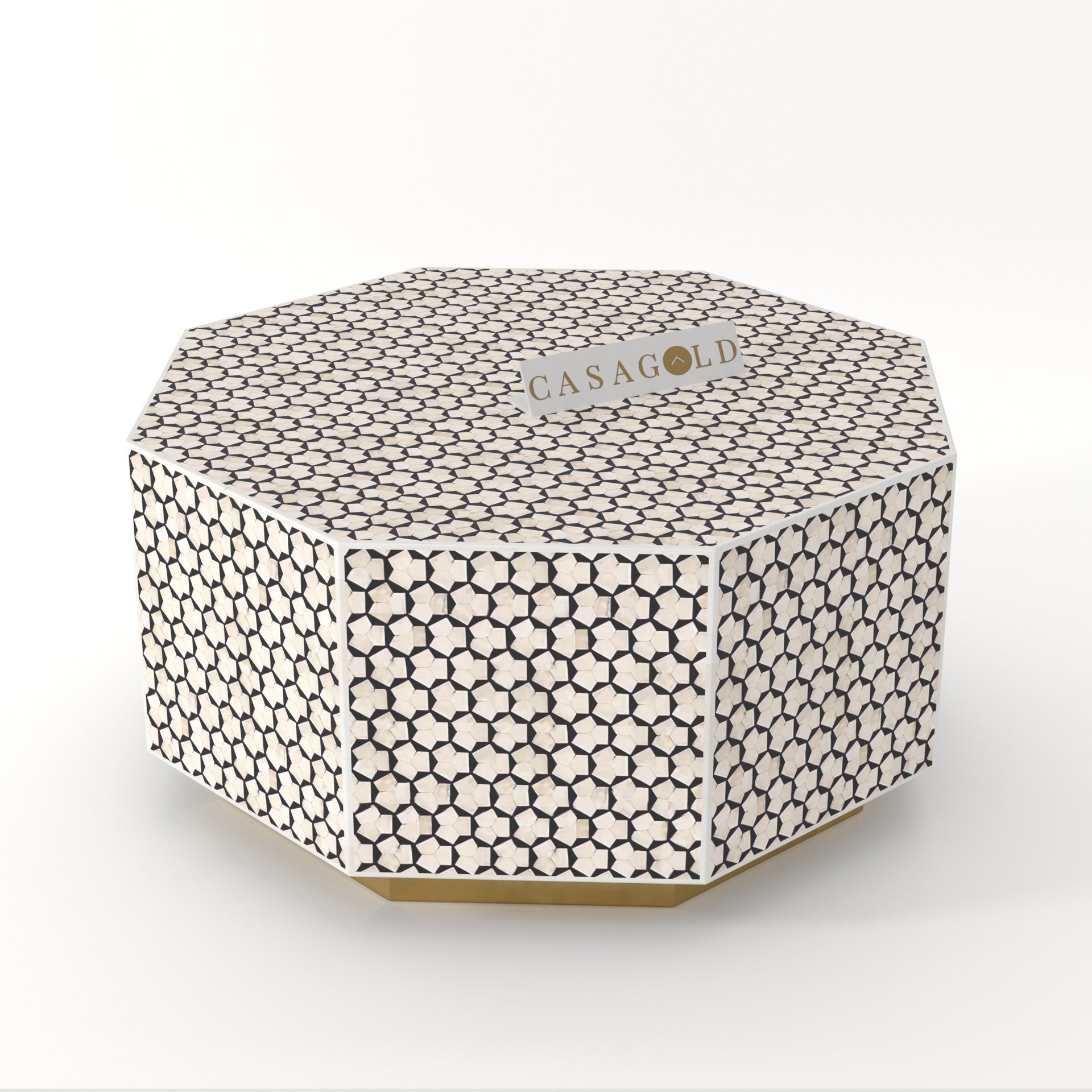 "Luxurious hexagon coffee table featuring bone inlay artwork"
