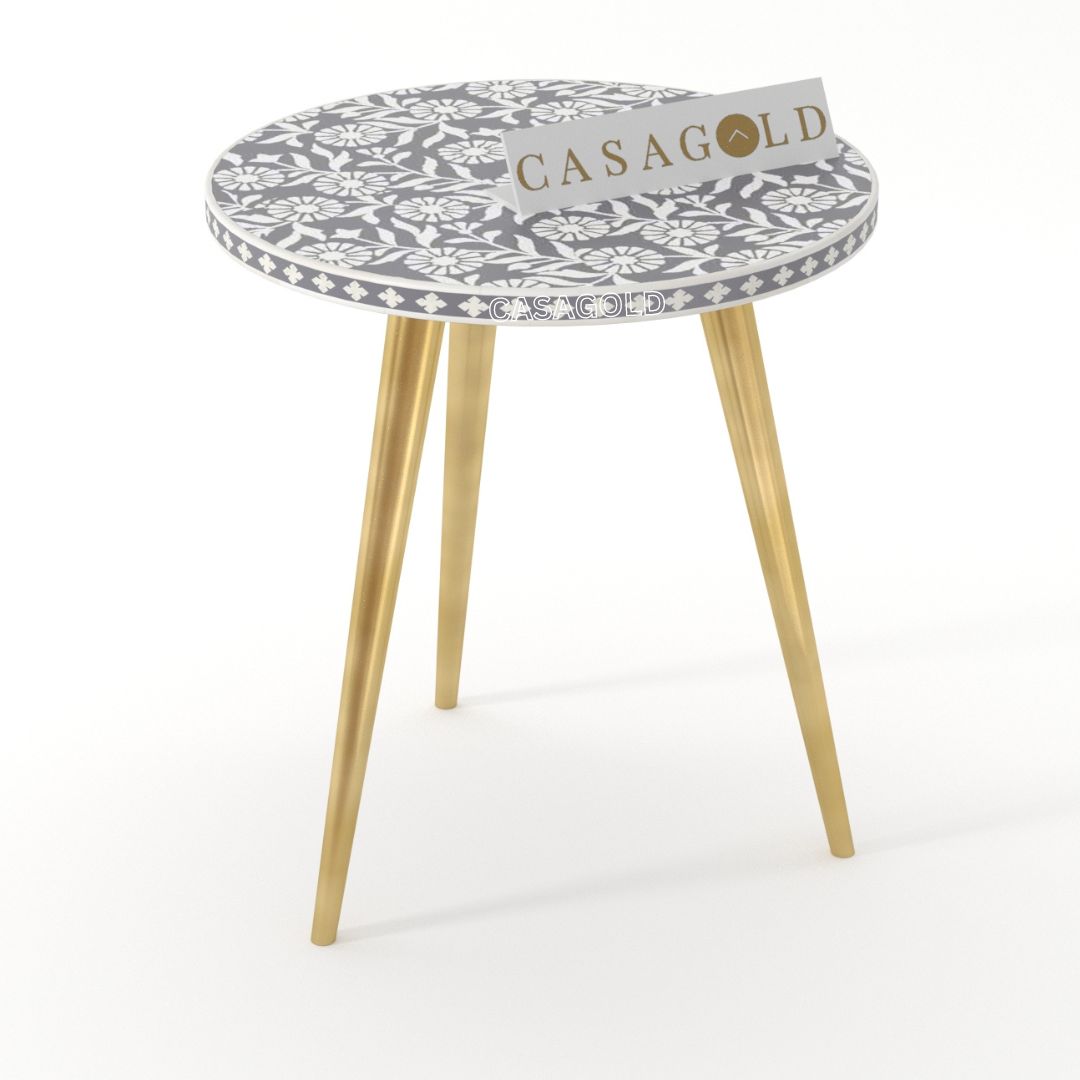 "Luxurious mother of pearl inlay round side table with three legs"
